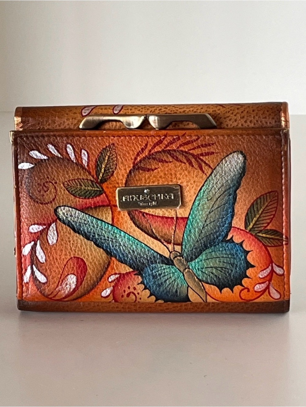 Anuschka Hand Painted Leather Wallet Butterfly Blooms RFID NWOT